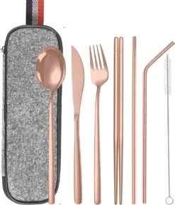 House Of Husk Reisbestek - Reis Bestekset - Chopsticks - Metalen Rietjes Met Borstel - Lepel - Vaatwasserbestendig - RVS - 7 Delig - Rose Goud