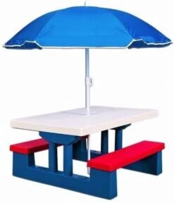 Merkloos Kinder Picknicktafel Met Parasol - Blauw -Kampeer Verkoop 1030x1200 1