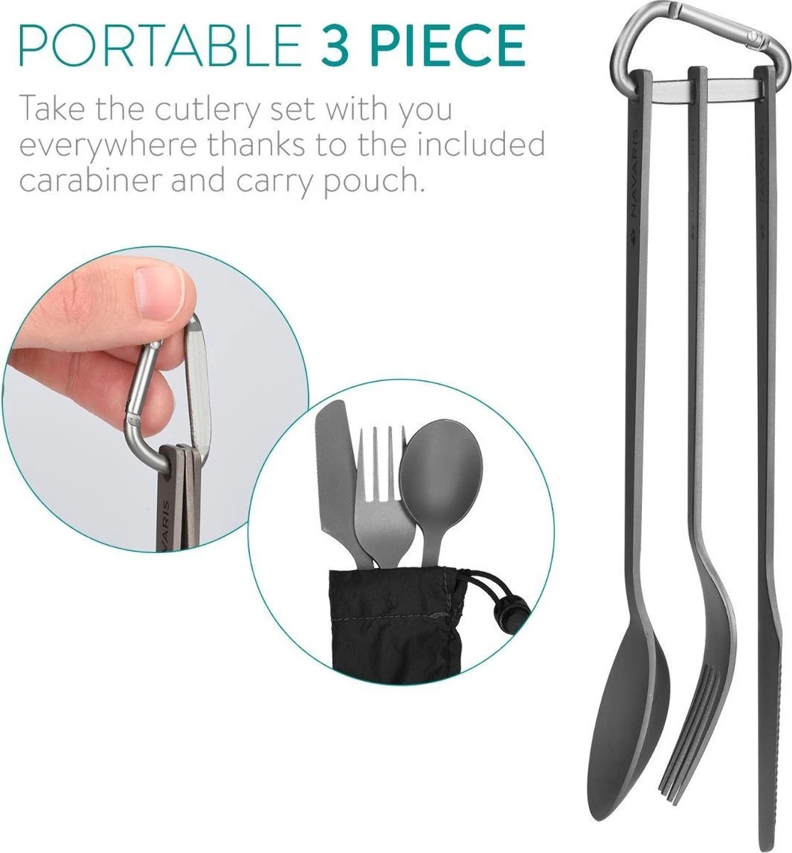 Navaris Campingbestek Van Titanium - Set Met Vork, Mes En Lepel - Bestekset Voor Onderweg En Op Reis - Inclusief Karabijnhaak En Bewaarzakje 5 Navaris Campingbestek Van Titanium - Set Met Vork, Mes En Lepel - Bestekset Voor Onderweg En Op Reis - Inclusief Karabijnhaak En Bewaarzakje - Image 5