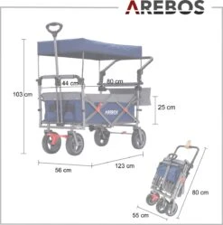 AREBOS Premium Steekwagen Met Dak Opvouwbare Tuinkar Handkar Bolderkar Blauw / Grijs -Kampeer Verkoop 1188x1200 12