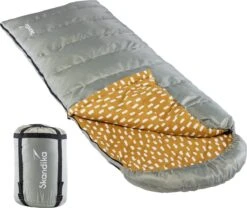 Skandika Dundee Flannel-R Slaapzak – Slaapzakken – Slaapzakken Volwassen - Maat M – Unisex - Katoen, Luxe Kwaliteit, Dubbele Slaapzak, 3 Seizoenen, Tot -20°C - 220 X 80 Cm - Outdoor Kampeerslaapzak – Ritssluiting Rechts - Grijs/geel