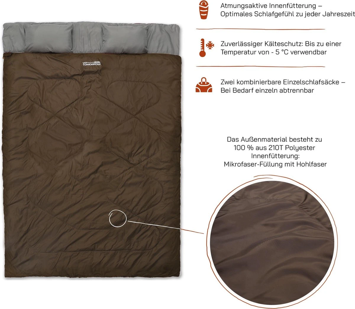 Where Tomorrow Double Slaapzak 220 X 150 Cm Diverse Kleuren - Bruin 2 Where Tomorrow Double Slaapzak 220 X 150 Cm Diverse Kleuren - Bruin - Image 2