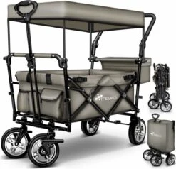 Wildebeest Bolderkar Opvouwbaar Grijs - Bolderwagen Met Kinder Zitje - Bolderkarren - Handkar Grijs - Opvouwbaar Transportwagen - Transportkar - Handkar Tuin Trolley Met Dak Transport Trolley XXL