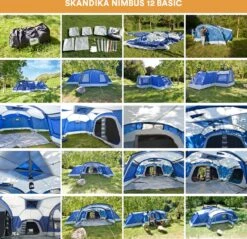 Skandika Nimbus Sleeper 12 Tent – Koepeltenten – 12 Persoons Familietent - Campingtent – Muggengaas – Sleeper Technology (3 Extra Donkere Slaapcabines) – 760 X 630 X 215 Cm (LxBxH) – 5000 Mm Waterkolom – Camping, Tuin – Kamperen – Blauw/wit -Kampeer Verkoop 1200x1162 1