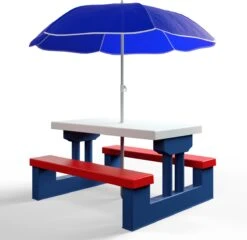 Merkloos Kinder Picknicktafel Met Parasol - Blauw -Kampeer Verkoop 1200x1167 1
