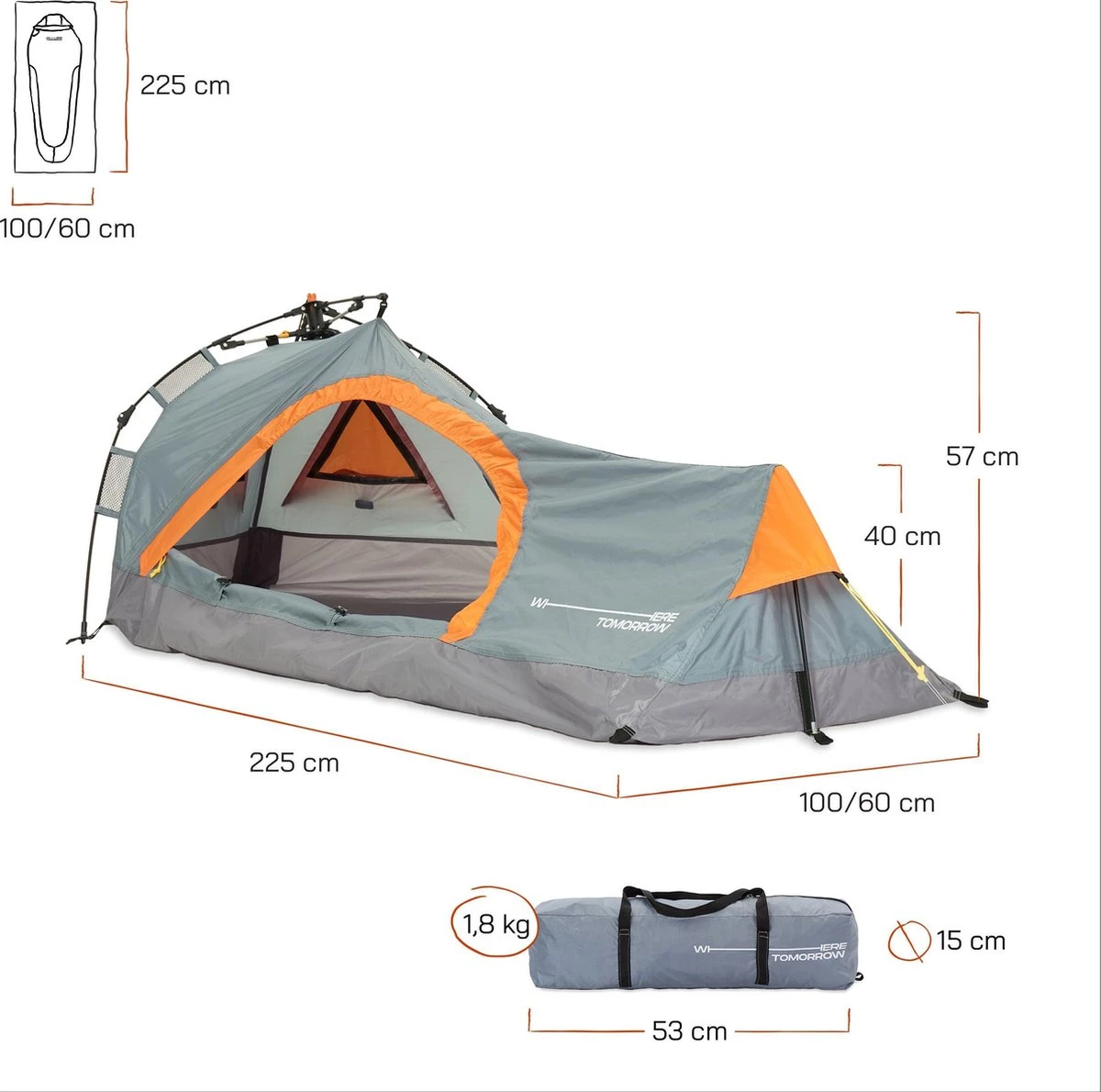 Where Tomorrow Solo Tent Pop Up 225X100X57 Cm - Grijs - 1 Persoons 6 Where Tomorrow Solo Tent Pop Up 225X100X57 Cm - Grijs - 1 Persoons - Image 6