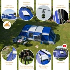 Skandika Montana 8 Sleeper Tent – Tunneltent – 8 Persoons Familietent - Campingtent – Sleeper Technology (2 Tot 4 Extra Donkere Slaapcabines) – Ingenaaide Tentvloer - Muggengaas – 700 X 310 X 200 Cm (LxBxH) – 5000mm Waterkolom – Kamperen – Blauw/wit -Kampeer Verkoop 1200x1199