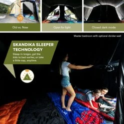 Skandika Montana 8 Sleeper Tent – Tunneltent – 8 Persoons Familietent - Campingtent – Sleeper Technology (2 Tot 4 Extra Donkere Slaapcabines) – Ingenaaide Tentvloer - Muggengaas – 700 X 310 X 200 Cm (LxBxH) – 5000mm Waterkolom – Kamperen – Blauw/wit -Kampeer Verkoop 1200x1200 172