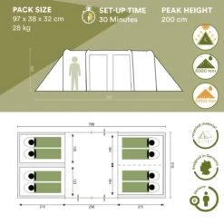 Skandika Montana 8 Sleeper Tent – Tunneltent – 8 Persoons Familietent - Campingtent – Sleeper Technology (2 Tot 4 Extra Donkere Slaapcabines) – Ingenaaide Tentvloer - Muggengaas – 700 X 310 X 200 Cm (LxBxH) – 5000mm Waterkolom – Kamperen – Blauw/wit -Kampeer Verkoop 1200x1200 173