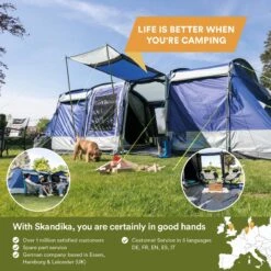 Skandika Montana 8 Sleeper Tent – Tunneltent – 8 Persoons Familietent - Campingtent – Sleeper Technology (2 Tot 4 Extra Donkere Slaapcabines) – Ingenaaide Tentvloer - Muggengaas – 700 X 310 X 200 Cm (LxBxH) – 5000mm Waterkolom – Kamperen – Blauw/wit -Kampeer Verkoop 1200x1200 175