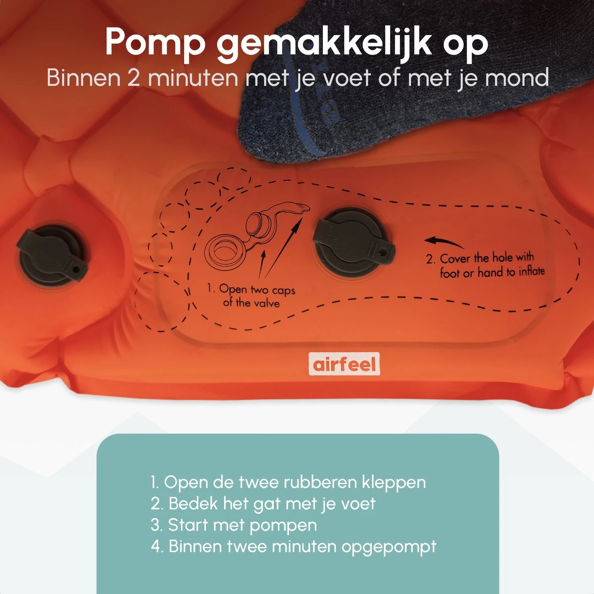 AirFeel Lichtgewicht Opsblaasbaar Slaapmatje - Ingebouwde Pomp En Kussen - 196 X 60 X 6 Cm - Orange 2 AirFeel Lichtgewicht Opsblaasbaar Slaapmatje - Ingebouwde Pomp En Kussen - 196 X 60 X 6 Cm - Orange - Image 2