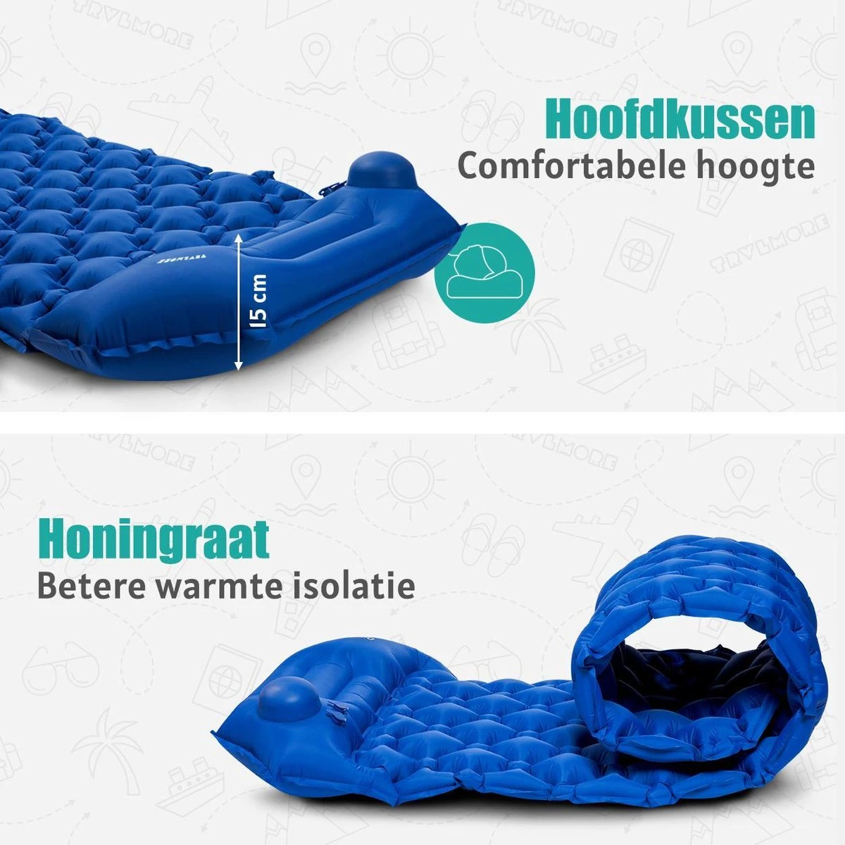 TRVLMORE Slaapmat - Zelfopblazend - 1 Persoons - Ingebouwde Pomp En Kussen - Blauw 5 TRVLMORE Slaapmat - Zelfopblazend - 1 Persoons - Ingebouwde Pomp En Kussen - Blauw - Image 5