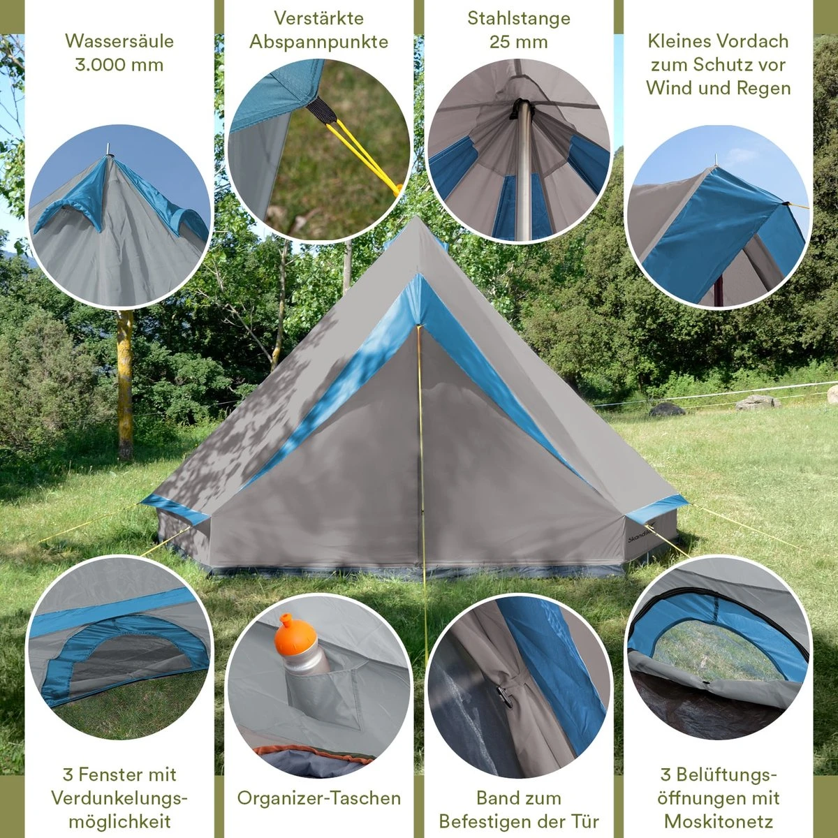 Skandika Tipii II Tent – Tipi-tenten – Teepee – 8 Persoons Campingtent – Muggengaas – 250 Cm Stahoogte – Uitneembare Tentvloer – 3000 Mm Waterkolom – Indische Tent, Partytent, Festivaltent – Outdoor, Camping, Tuin – Kamperen – Grijs/turquoise 2 Skandika Tipii II Tent – Tipi-tenten – Teepee – 8 Persoons Campingtent – Muggengaas – 250 Cm Stahoogte – Uitneembare Tentvloer – 3000 Mm Waterkolom – Indische Tent, Partytent, Festivaltent – Outdoor, Camping, Tuin – Kamperen – Grijs/turquoise - Image 2