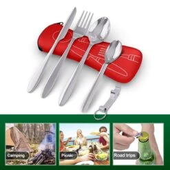 Roestvrij Staal Bestek (kampeerset) – Draagbare Reislepels, -vork En -mes Voor Festivals, Camping Of Trektochten - Wordt Geleverd Met Een Neopreen Draagtasje Met Een Lichtgewicht Flesopener -Kampeer Verkoop 1200x1200 486