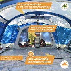 Skandika Nimbus Sleeper 12 Tent – Koepeltenten – 12 Persoons Familietent - Campingtent – Muggengaas – Sleeper Technology (3 Extra Donkere Slaapcabines) – 760 X 630 X 215 Cm (LxBxH) – 5000 Mm Waterkolom – Camping, Tuin – Kamperen – Blauw/wit -Kampeer Verkoop 1200x1200 57