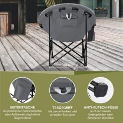 Skandika Moonchair Sirkka – Campingstoelen – Klapstoel – Vouwstoel – Kampeerstoel - Grote, Comfortabele, Campingstoel Opvouwbaar, Gepolsterd, Koelvak, Drinkhouder, Draaggreep En Draagtas, Antislipvoetjes - Max. 150 Kg – Zwart/grijs -Kampeer Verkoop 1200x1200 595