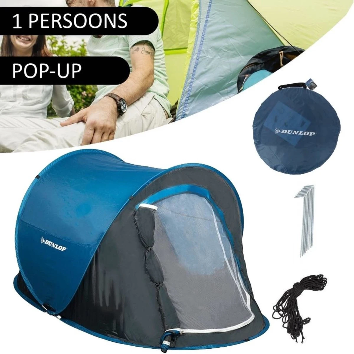 Dunlop Pop Up Tent 220 X 120 X 90 Cm - Grijs/ Blauw - 1 Persoons 7 Dunlop Pop Up Tent 220 X 120 X 90 Cm - Grijs/ Blauw - 1 Persoons - Image 7